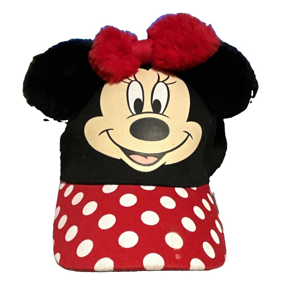 Disney Minnie Mouse Childrens Unisex Baseball Cap Black/Red Polka Dot Brim Bow